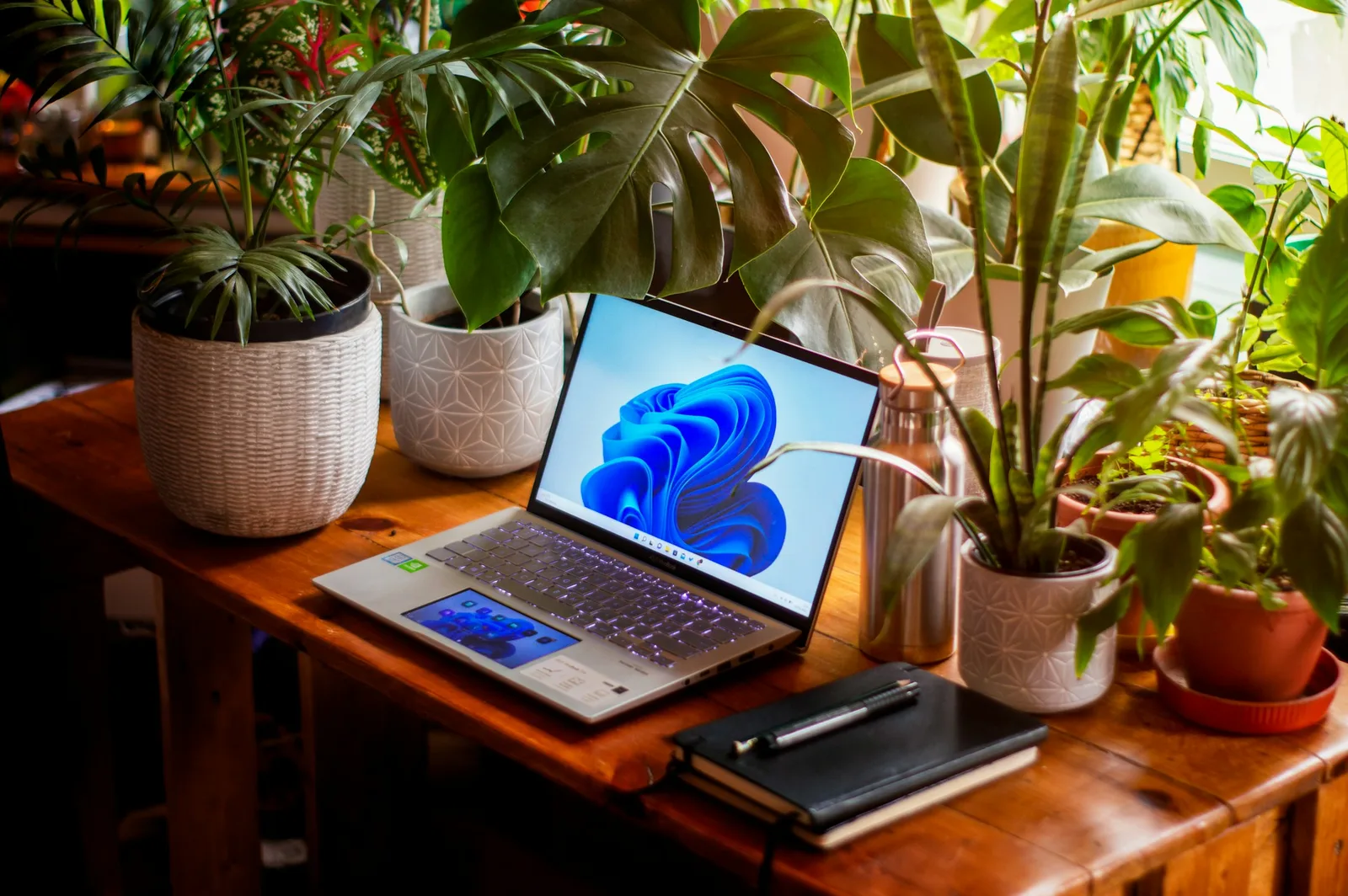 A laptop and notebook on a wooden desk surrounded by green plants.