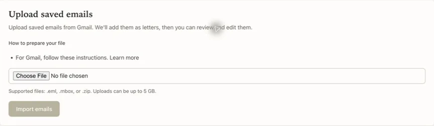 Letters Home saved-email upload form accepting EML, MBOX, or ZIP files.