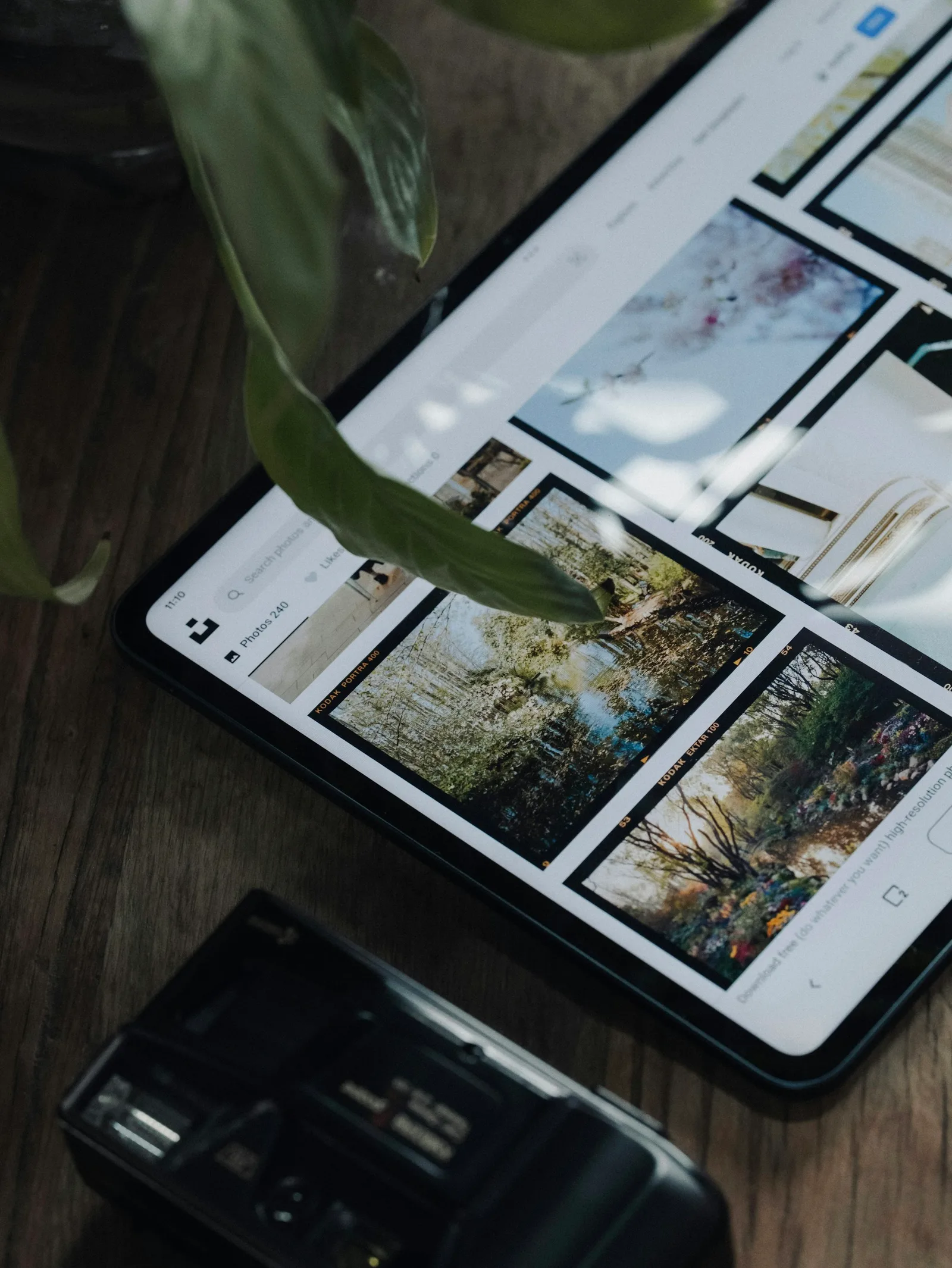 A tablet displaying a grid of photographs beside a camera and plant.