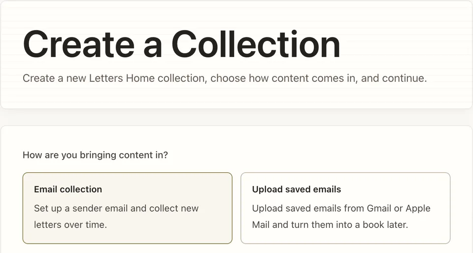 Letters Home collection setup showing Email collection and Upload saved emails.