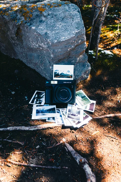 An instant camera and printed landscape photographs beside a rock in a forest.