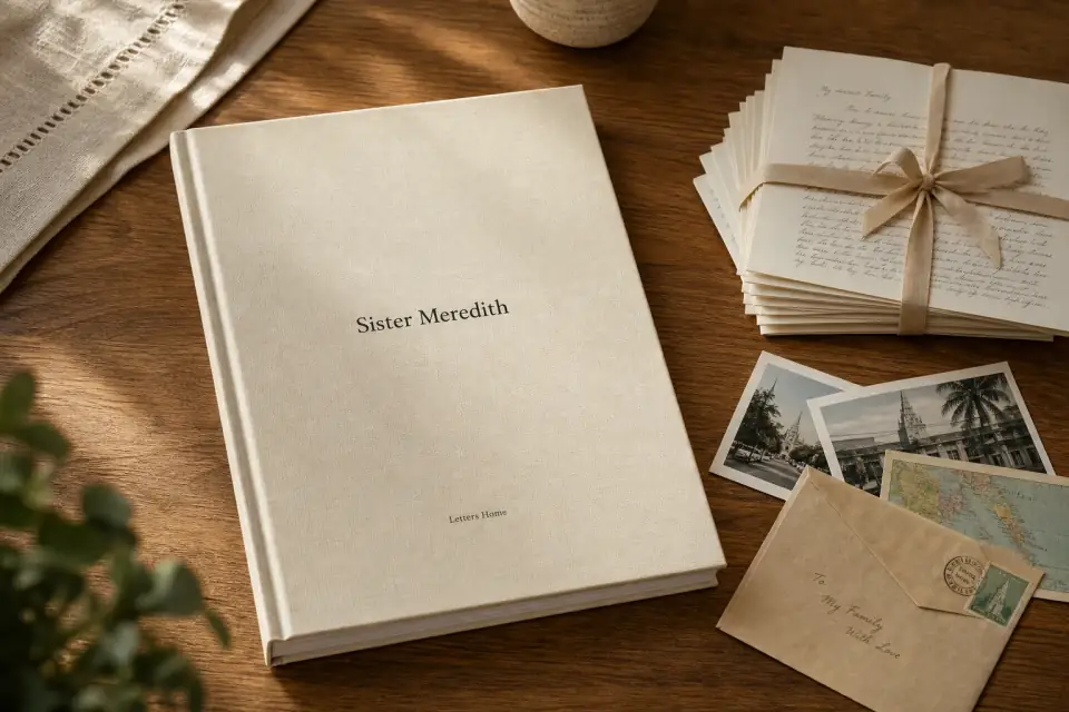 A Letters Home keepsake book displayed with printed letters, photos, and envelopes.