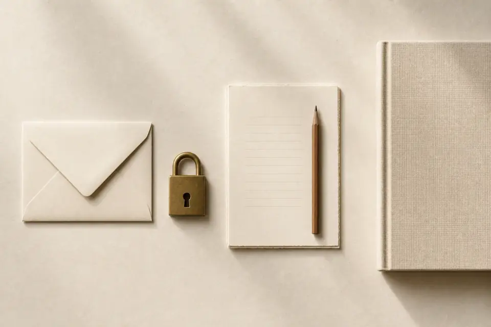 Envelope, notebook, and lock arranged to represent private letter collection.